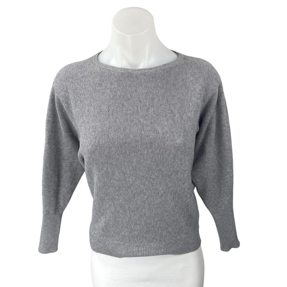 T Tahari Women's Gray Waffle Knit Dolman Sleeve Crew Neck Crop Sweater Top Sz M